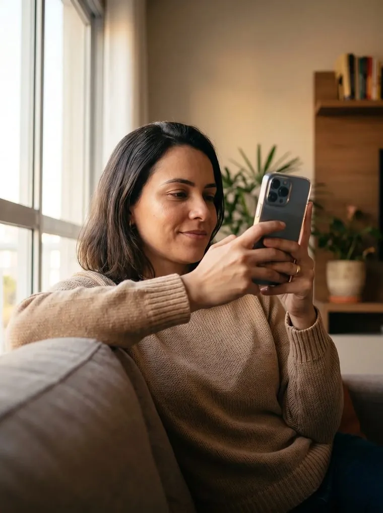 Mulher sentada no sofá segurando o celular com as duas mãos, olhando para a tela