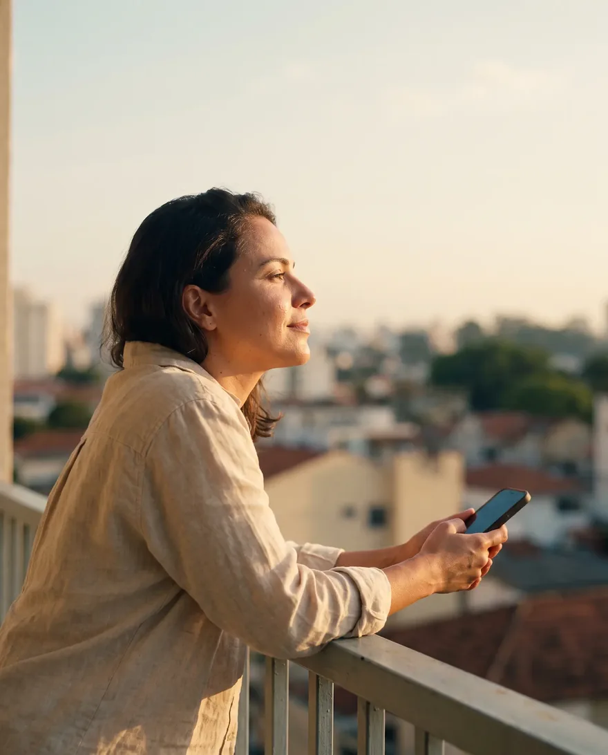 Mulher apoiada na grade da varanda ao fim da tarde, com o celular na mão e o olhar na cidade